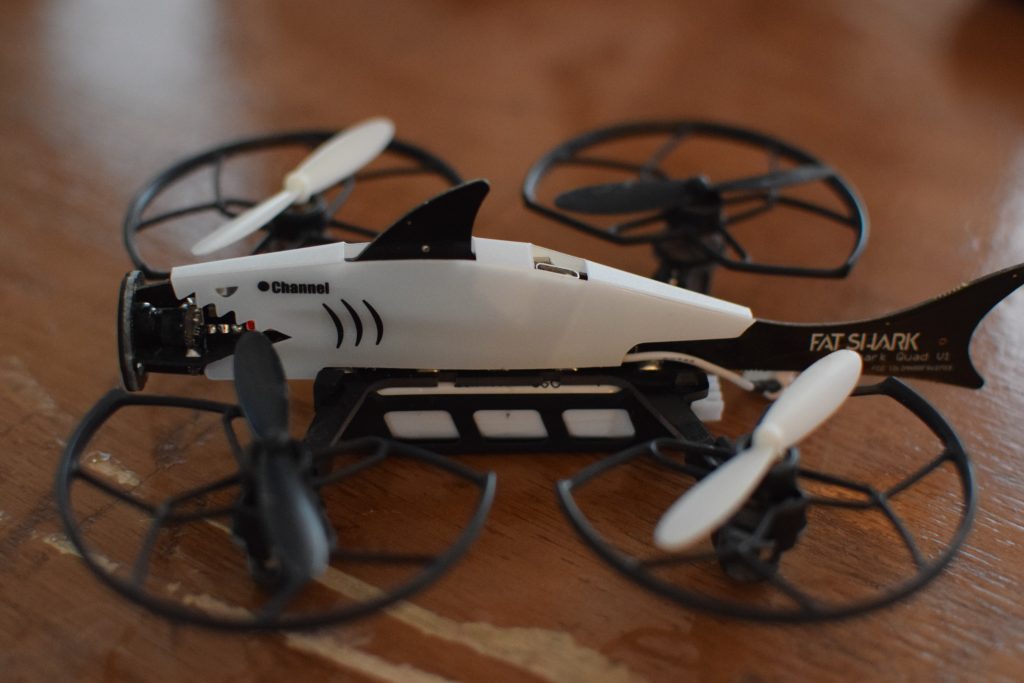 Drone, CES, Drone Rodeo. The new Fat Shark drone sitting on a table.