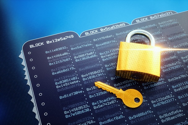 A digital interface showing a folder with data written in hexadecimal computer code. Golden pixelated padlock and key are lying on it. This image represents a conceptual design in the domain of IT, cyberspace, cyber security, global communications or similar industry sectors. The image is a made up 3D concept render.