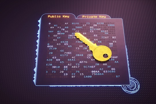 A digital interface showing a folder with cryptographic hash data written in hexadecimal computer code. A golden pixelated key is lying on it. This image represents a conceptual design in the domain of IT, cyberspace, cyber security, global communications or similar industry sectors. The image is a made up 3D concept render.