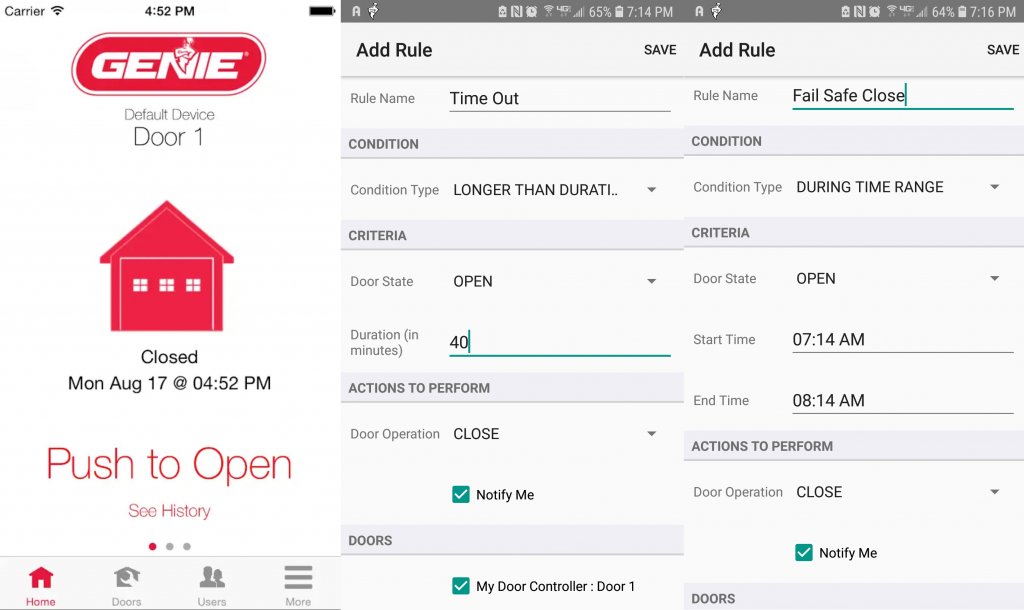 With the Genie Aladdin Connect app, the smart garage door opener can be operated remotely or have custom schedules set for operation.