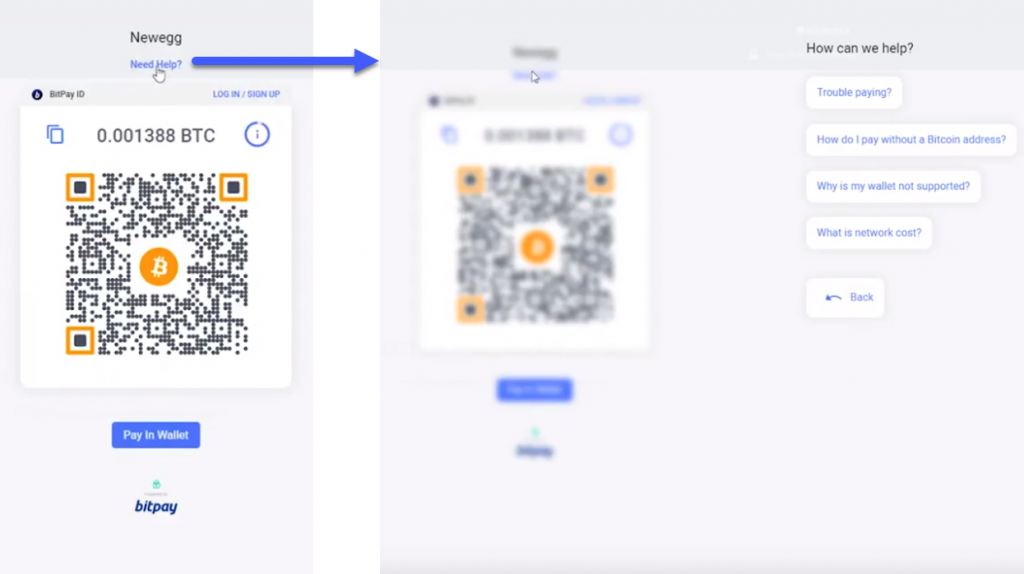 BitPay offers help options to walk customers through the checkout process, accessible directly through the payment window.