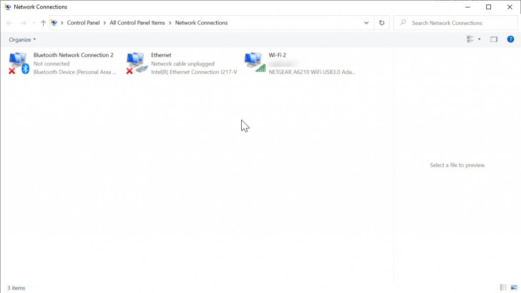 Network connections Control Panel page