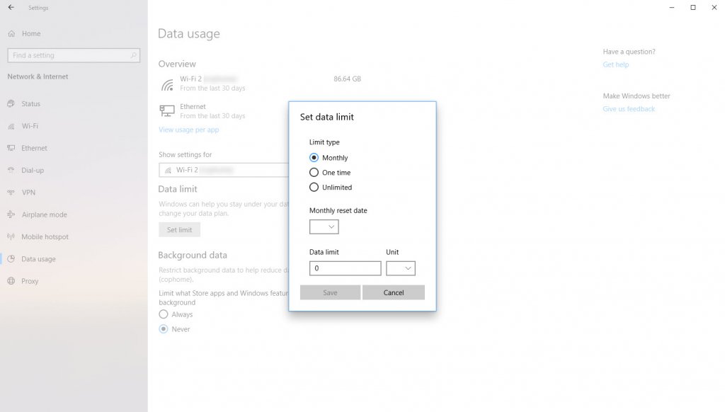 Set data limit page