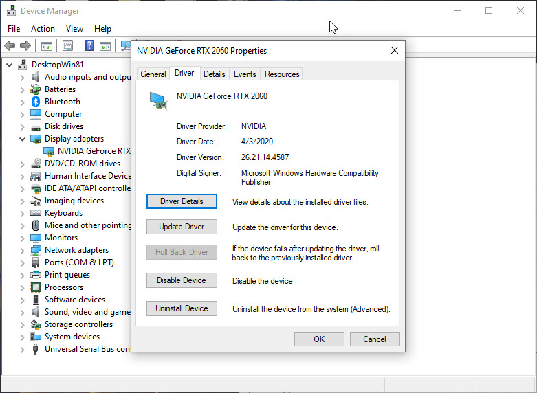 Device Properties popup