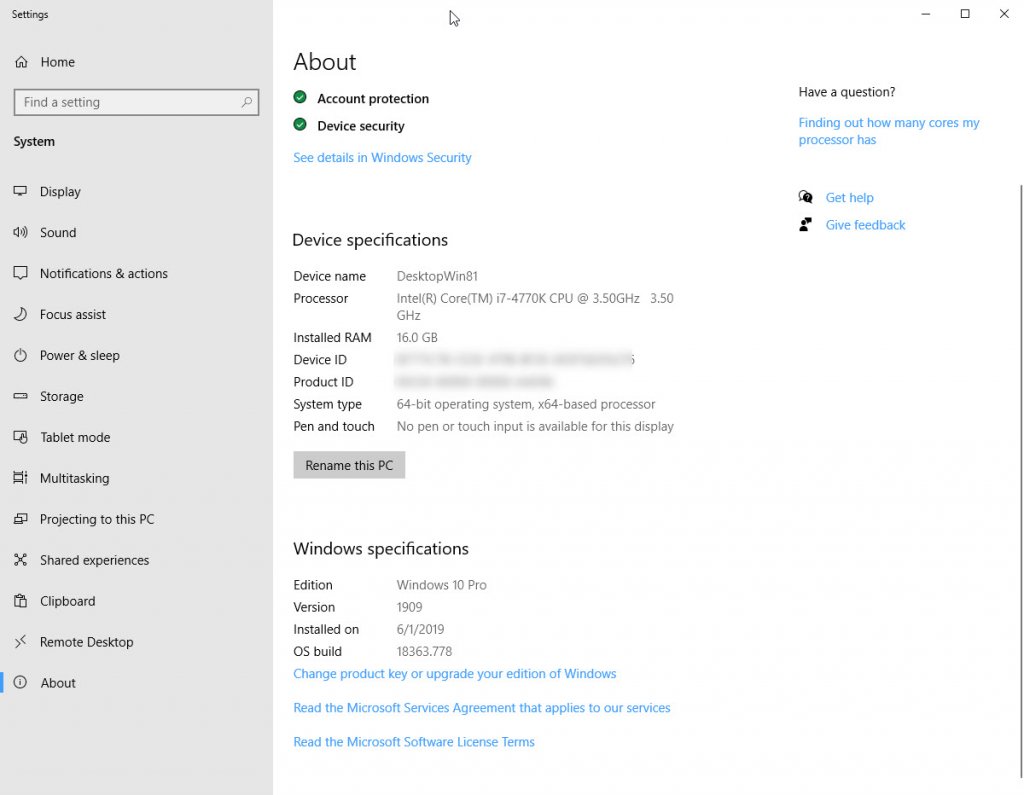 Settings System info