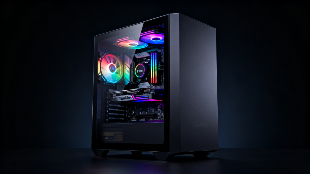 Render of a black computer case paired with colorful lighting components
