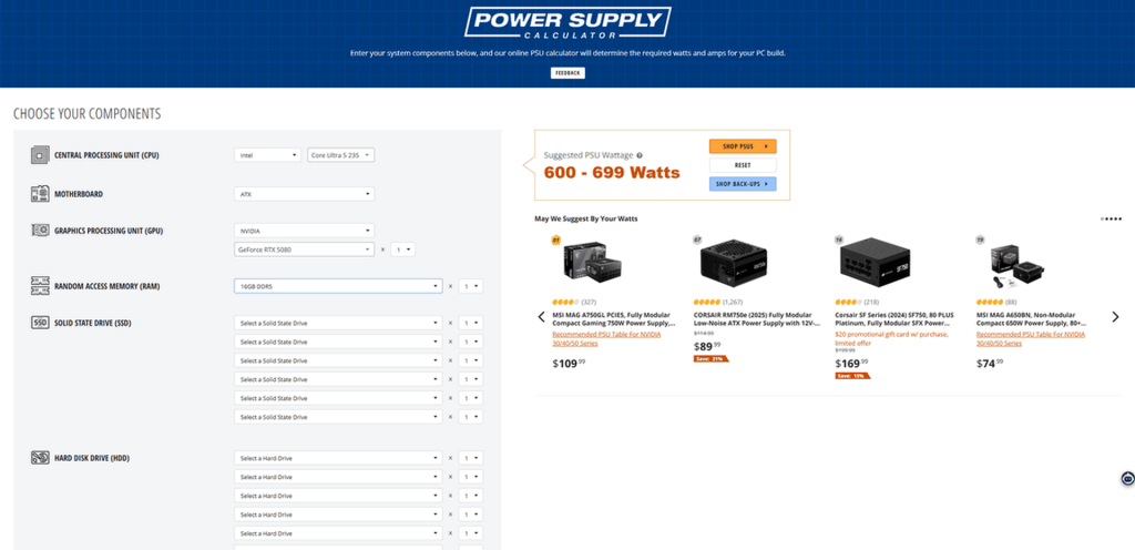 Newegg PC Power Supply Calculator – PSU Wattage Calculator