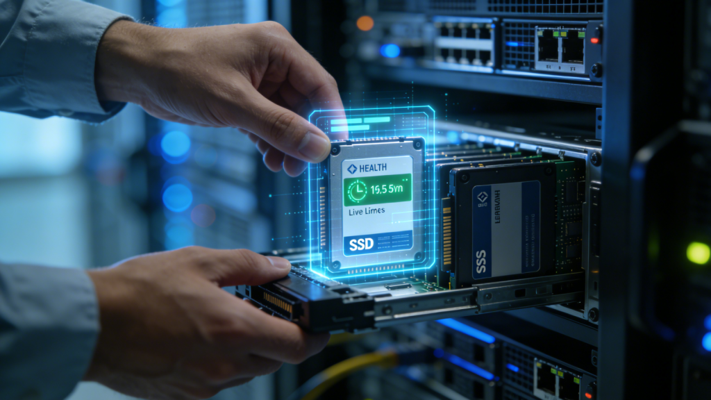 Technical personnel install high-end enterprise-grade SSDs in the server rack.
