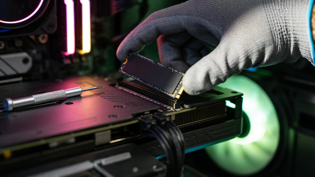 One hand is installing an NVMe SSD into the computer motherboard slot.