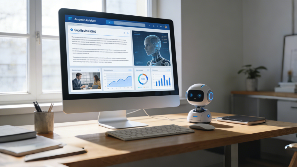 A small desktop robot draws data and writes text on the office desk.
