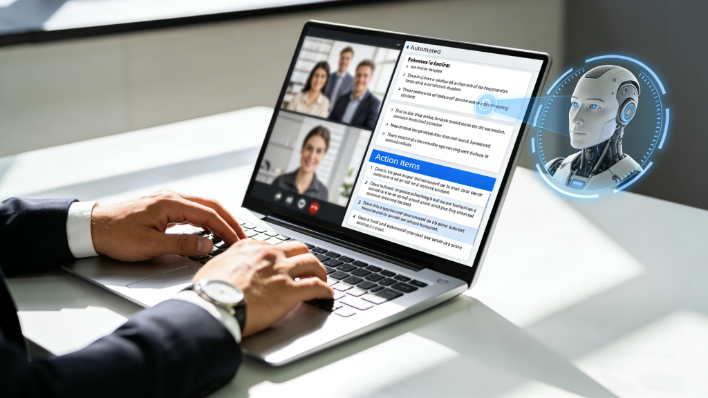 Professional businesspeople use laptop AI assistants to record meetings.