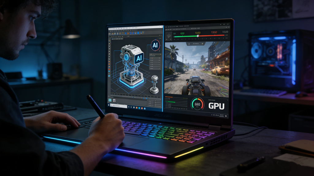 Dynamic Split-Screen View of High-Performance Laptops at Dark Tone Creative Studio