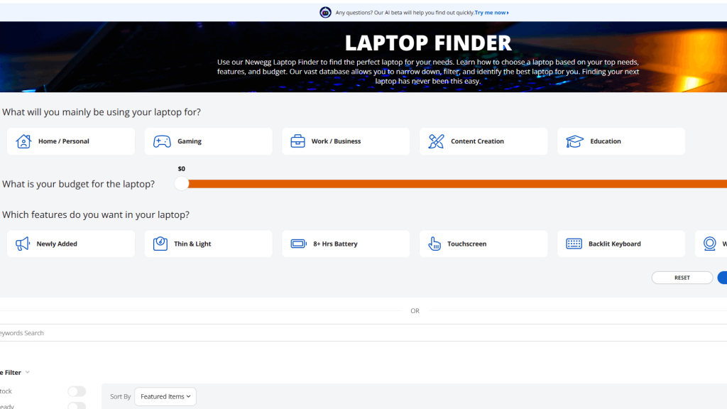 newegg shopping tool -- Laptop Finder screen shot