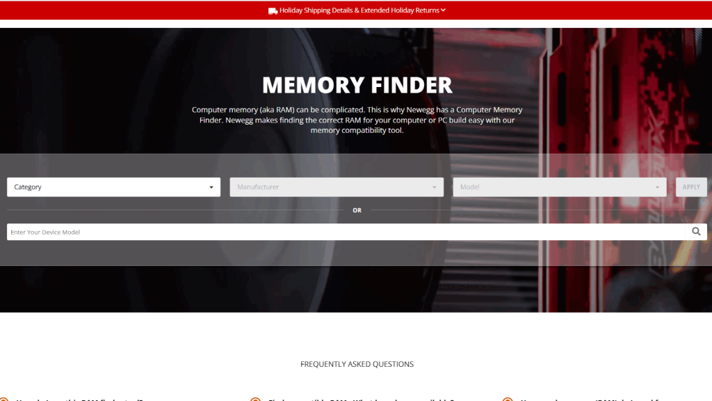 newegg shopping tool -- Memory Finder screen shot