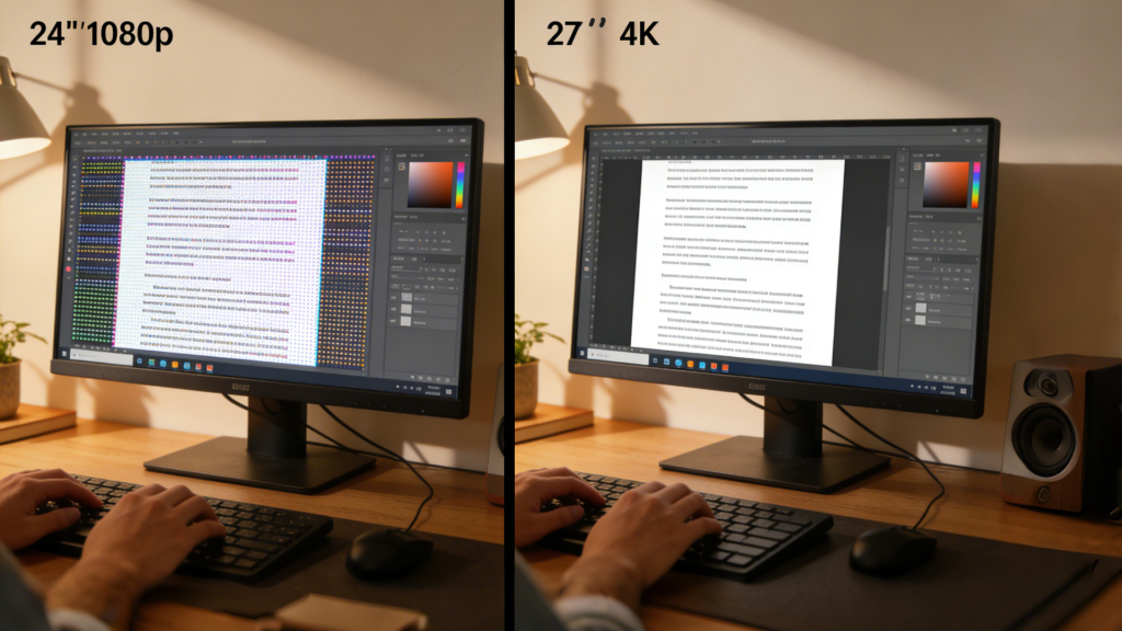 Split comparison scene: left side a 24-inch 1080p monitor with visible pixelation on text, right side a 27-inch 4K monitor with crisp UI