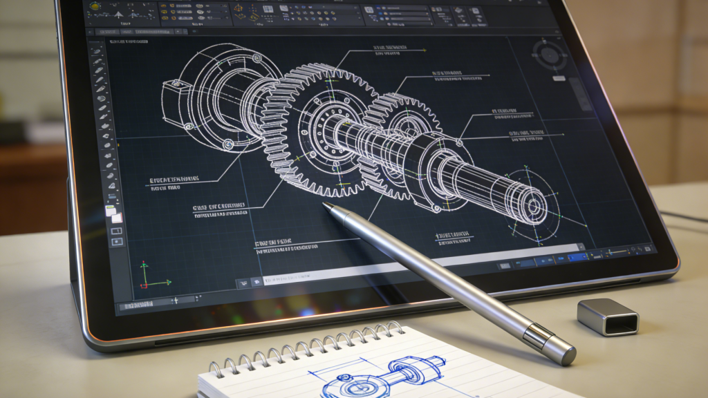 Close-up shot of a monitor displaying ultra-detailed CAD drawings