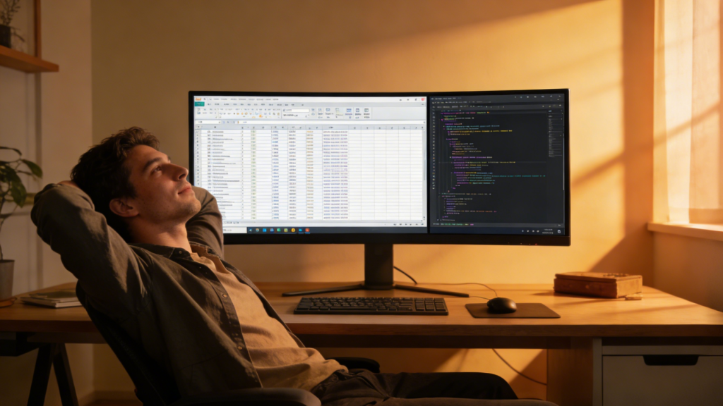 Wide desk setup with a 32-inch 4K monitor showing a spreadsheet and a code editor side-by-side