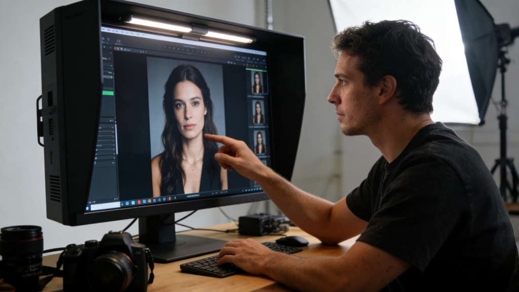 Creative studio scene: photographer reviewing high-resolution images on a 5K display