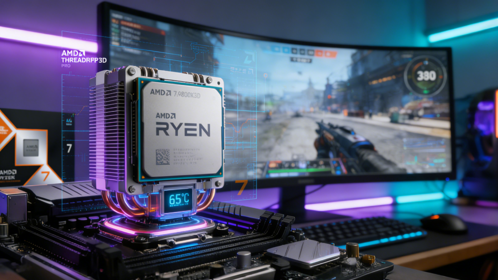 Close-up of AMD Ryzen 7 9800X3D in a gaming environment, emphasizing 240+ FPS performance and competitive gaming atmosphere