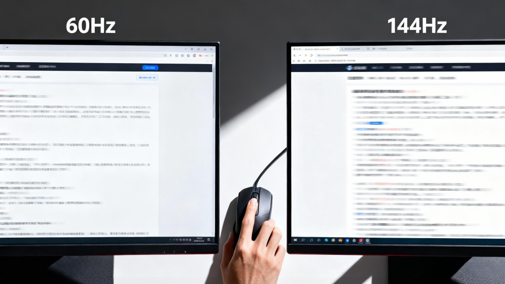 Side-by-side display of 60Hz vs 144Hz scrolling webpage, left side blurred text, right side crisp scrolling