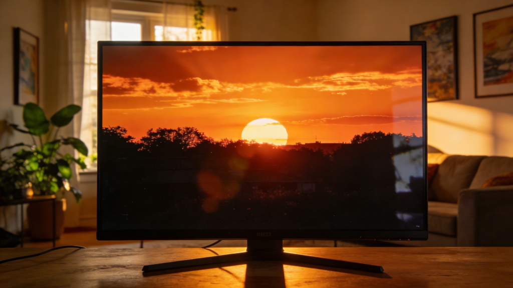 Cinema-like HDR scene on a premium monitor: vivid sunset with deep shadows and bright highlights