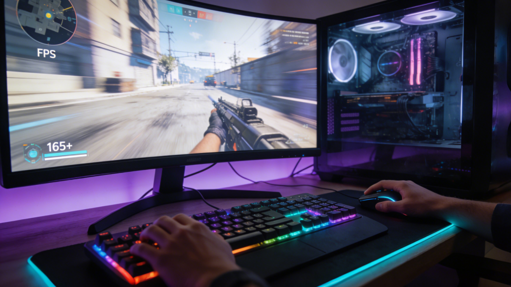 First person perspective, showing high-end game settings, FPS display 165+