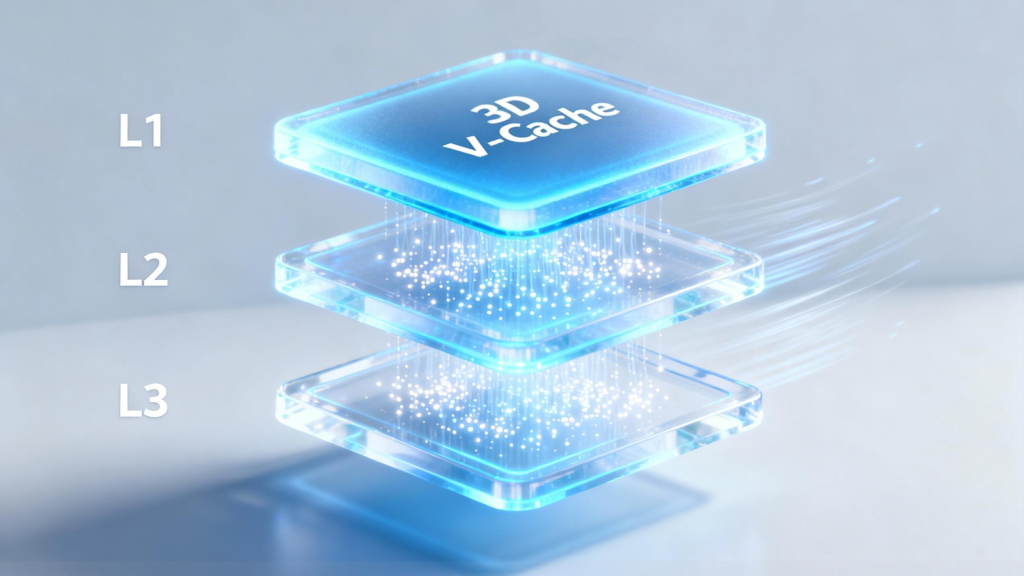 Three-layer luminous cache architecture, the thickened top layer represents 3D V-Cache