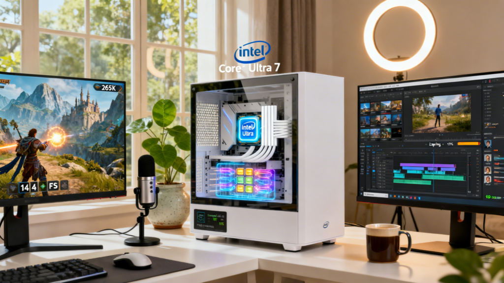 Intel Core Ultra 7 handles split-screen scenarios for both gaming and content creation, highlighting the versatility of hybrid architecture and AI acceleration
