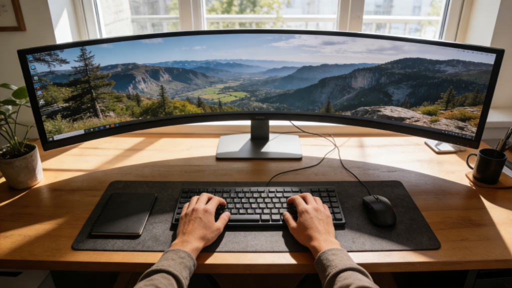Wide desk with a curved ultrawide monitor showing a panoramic landscape