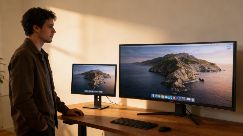Comparison scene: 24-inch flat monitor vs 39-inch large display on the same desk