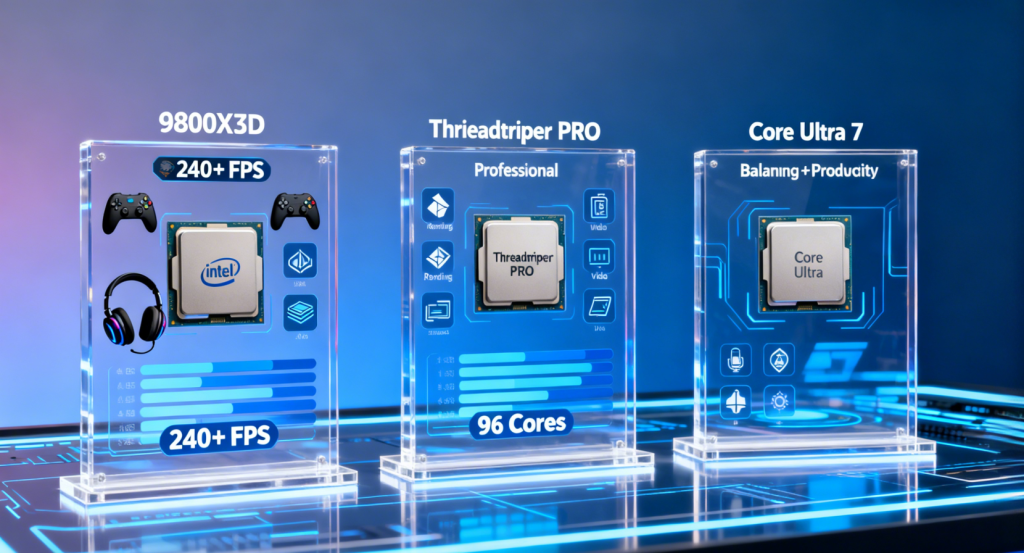 Three-CPU comparison display in infographic style