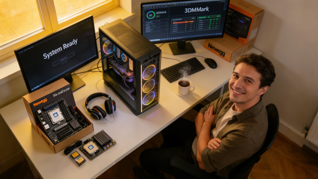 In the heartwarming scene of successful installation, the Newegg packaging box appears naturally, creating a sense of "this is you" and promoting purchasing actions.