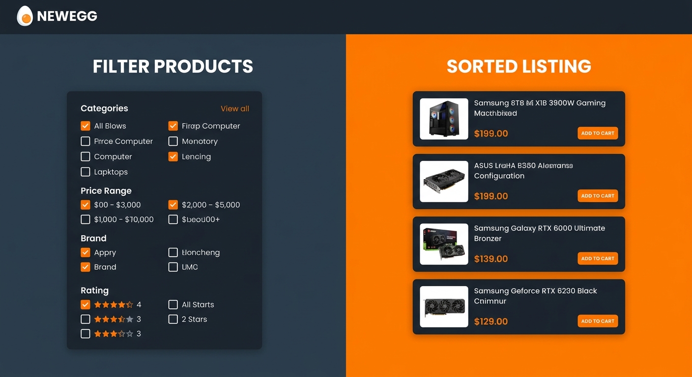Newegg product filter and search tools for PC component shopping