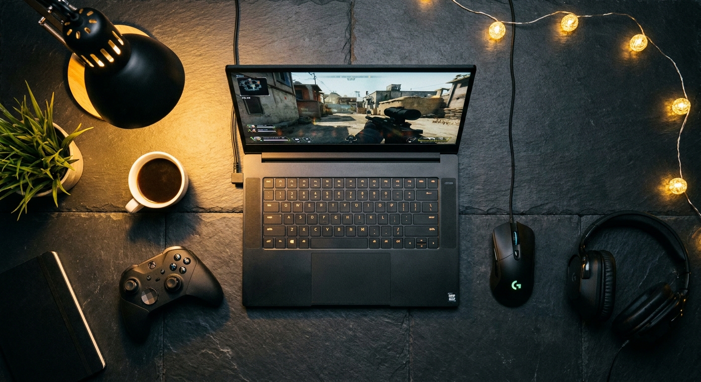 Gaming laptop setup with accessories for portable gaming