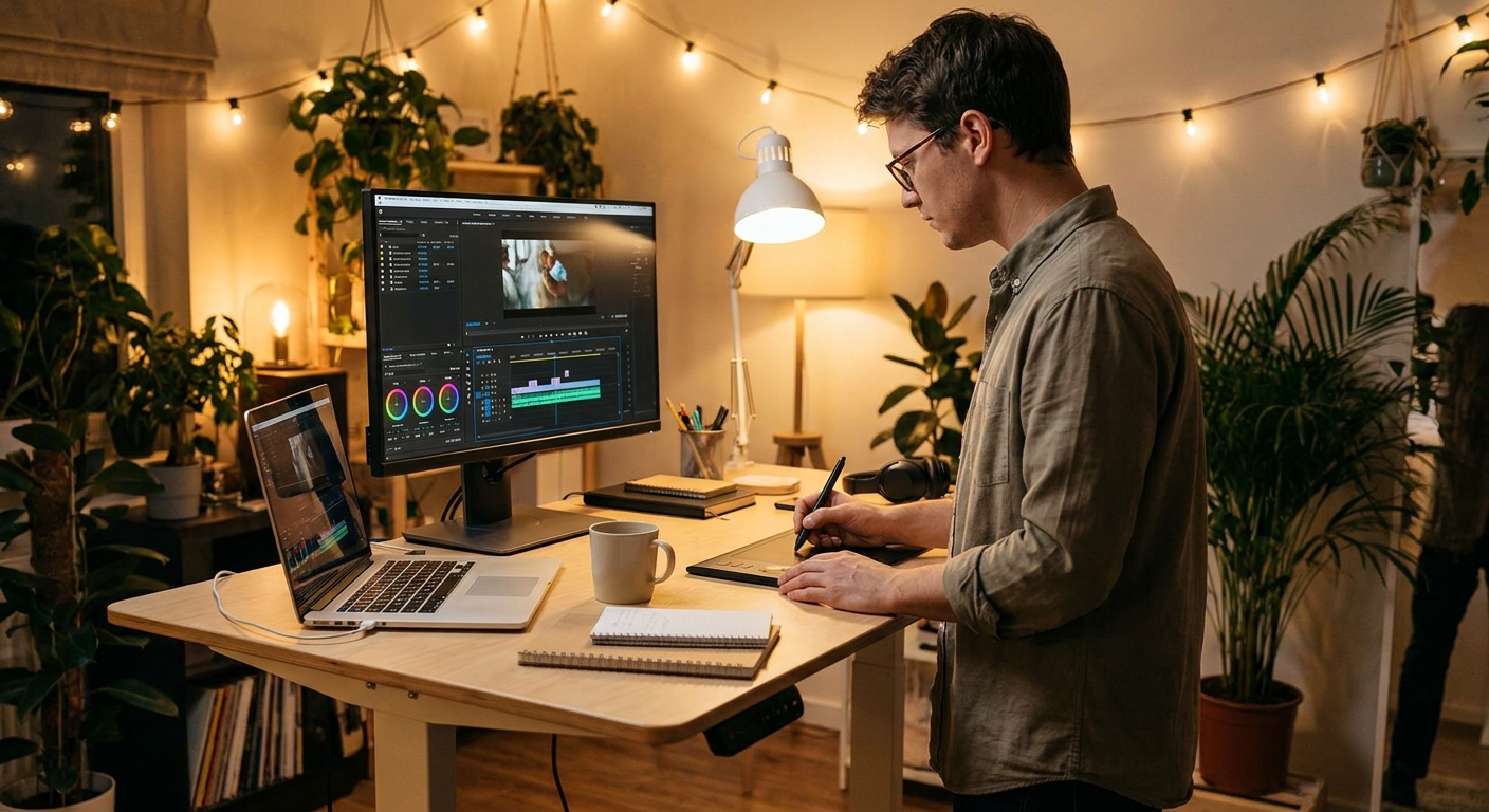 Video editor working on creator laptop setup with external monitor