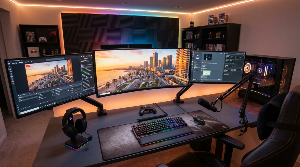 Full Gaming Battlestation — Triple Monitor Setup With Complete Peripheral Layout