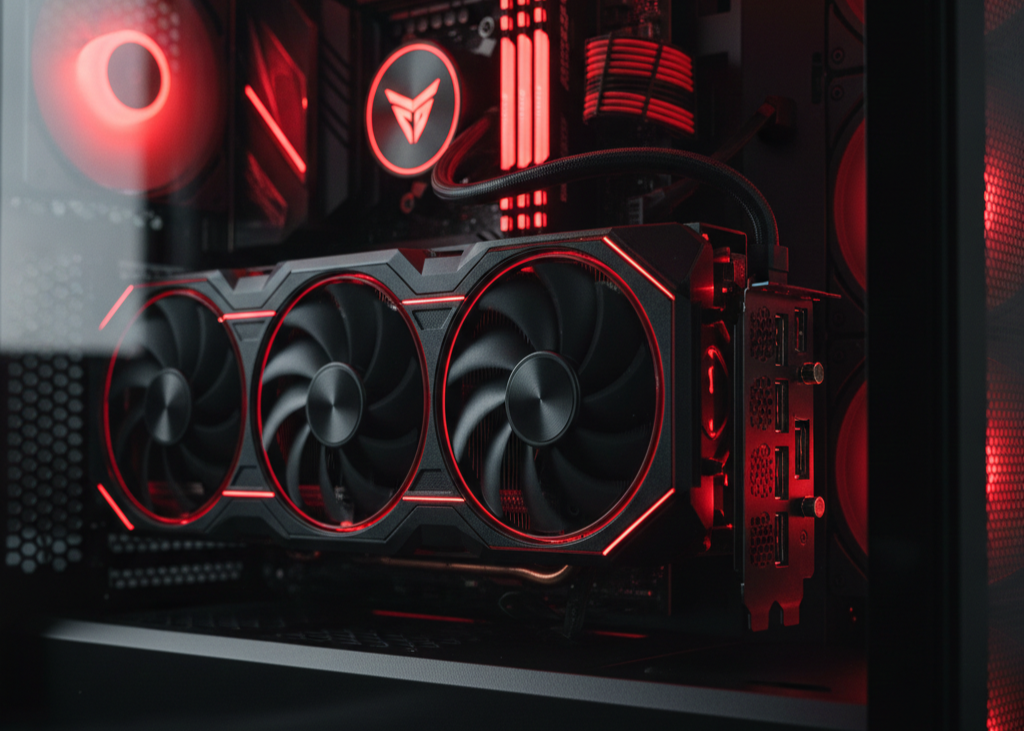 GPU Close-Up — High-End Graphics Card in Horror-Lit Gaming PC Interior
