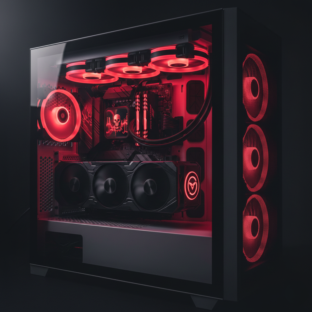 Gaming PC Interior — Full Component Showcase in Deep Red Horror Lighting