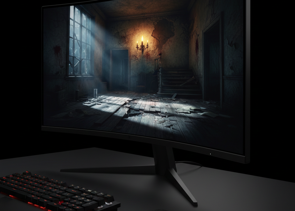 Gaming Monitor — OLED Display Showing Horror Game Scene in Dark Room