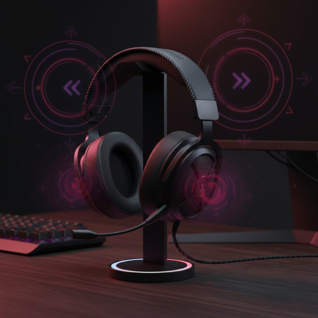 Gaming Headset — Closed-Back Headset in Dark Atmospheric Setup, Sound Visualization