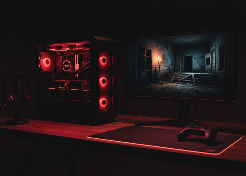 Pre-Built Gaming Desktop — Glowing Horror-Ready Gaming PC in Dark Lifestyle Setting
