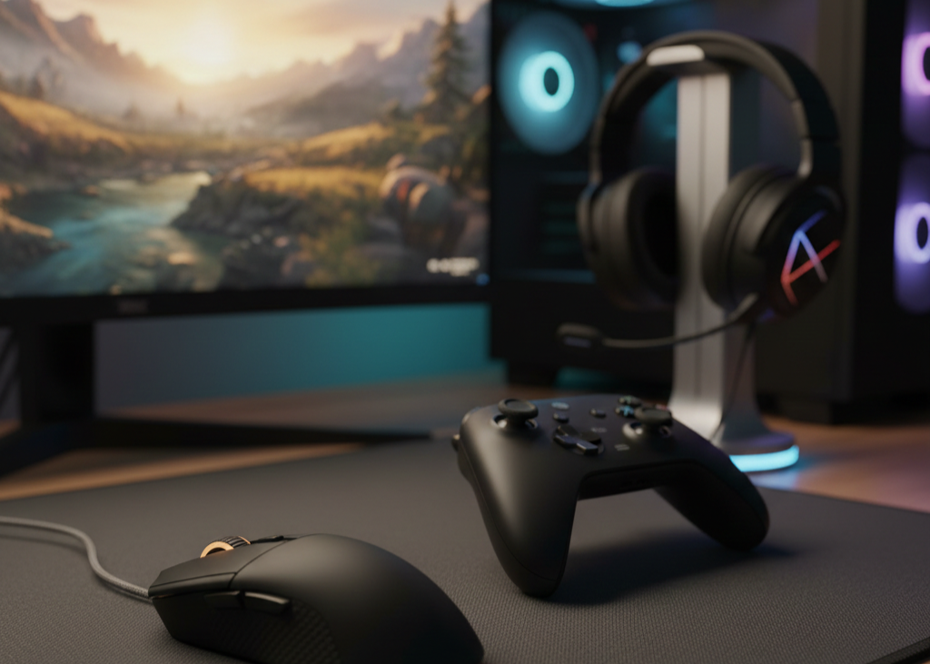 Peripheral Setup — Gaming Mouse, Controller, and Headset on Lit Gaming Desk