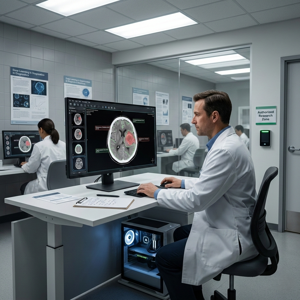 Medical AI Research Lab with Diagnostic Imaging Workstation