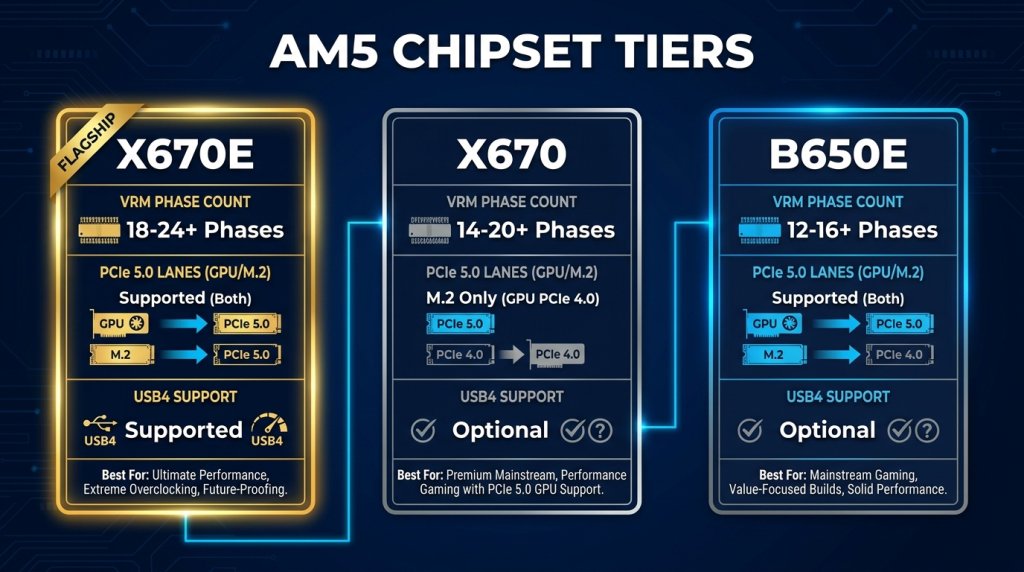 AM5 Motherboard Chipset Tier Comparison Infographic