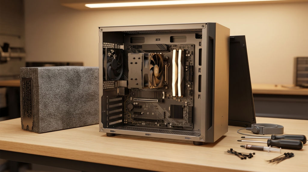Micro-ATX PC being built on bench.