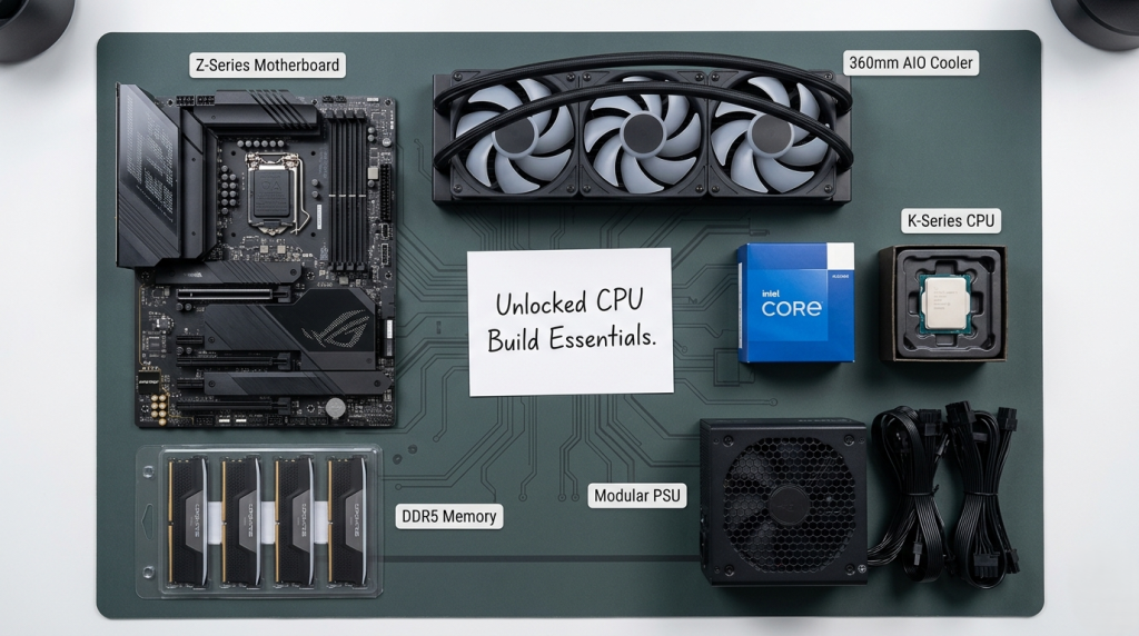 Unlocked CPU overclock build flat-lay