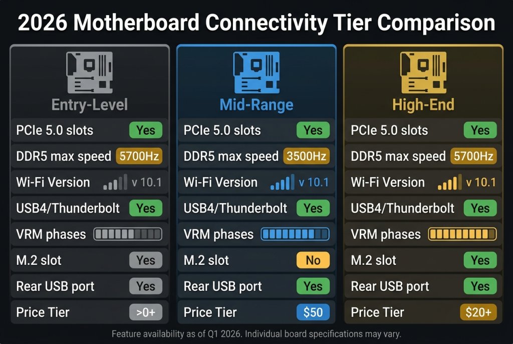 2026 motherboard connectivity infographic.