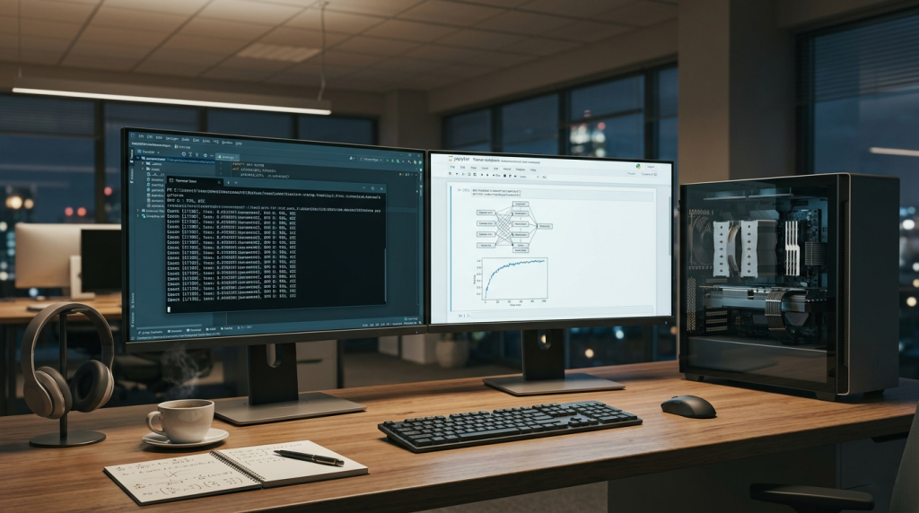 AI developer's workstation with monitors.