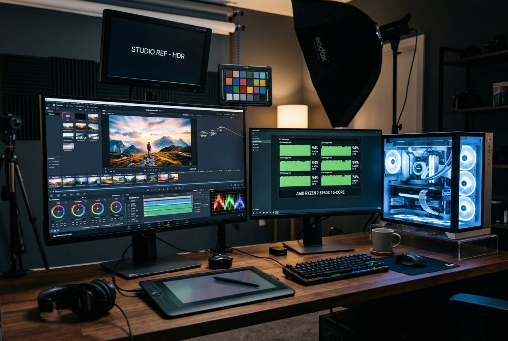 Video production workstation with DaVinci Resolve.
