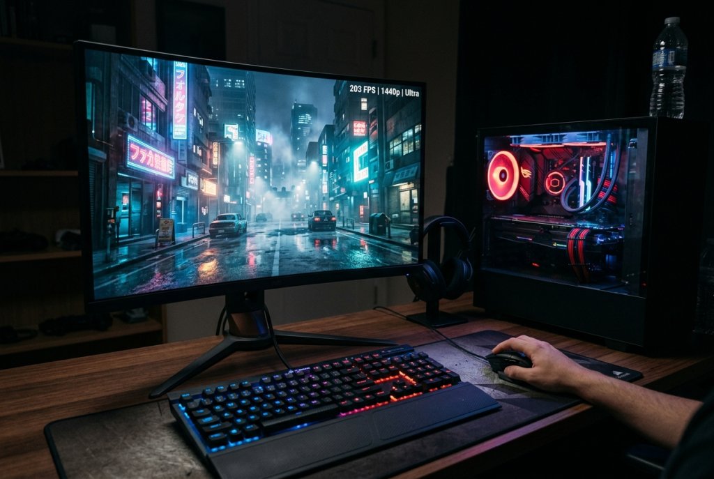 First-person gaming setup with neon city.